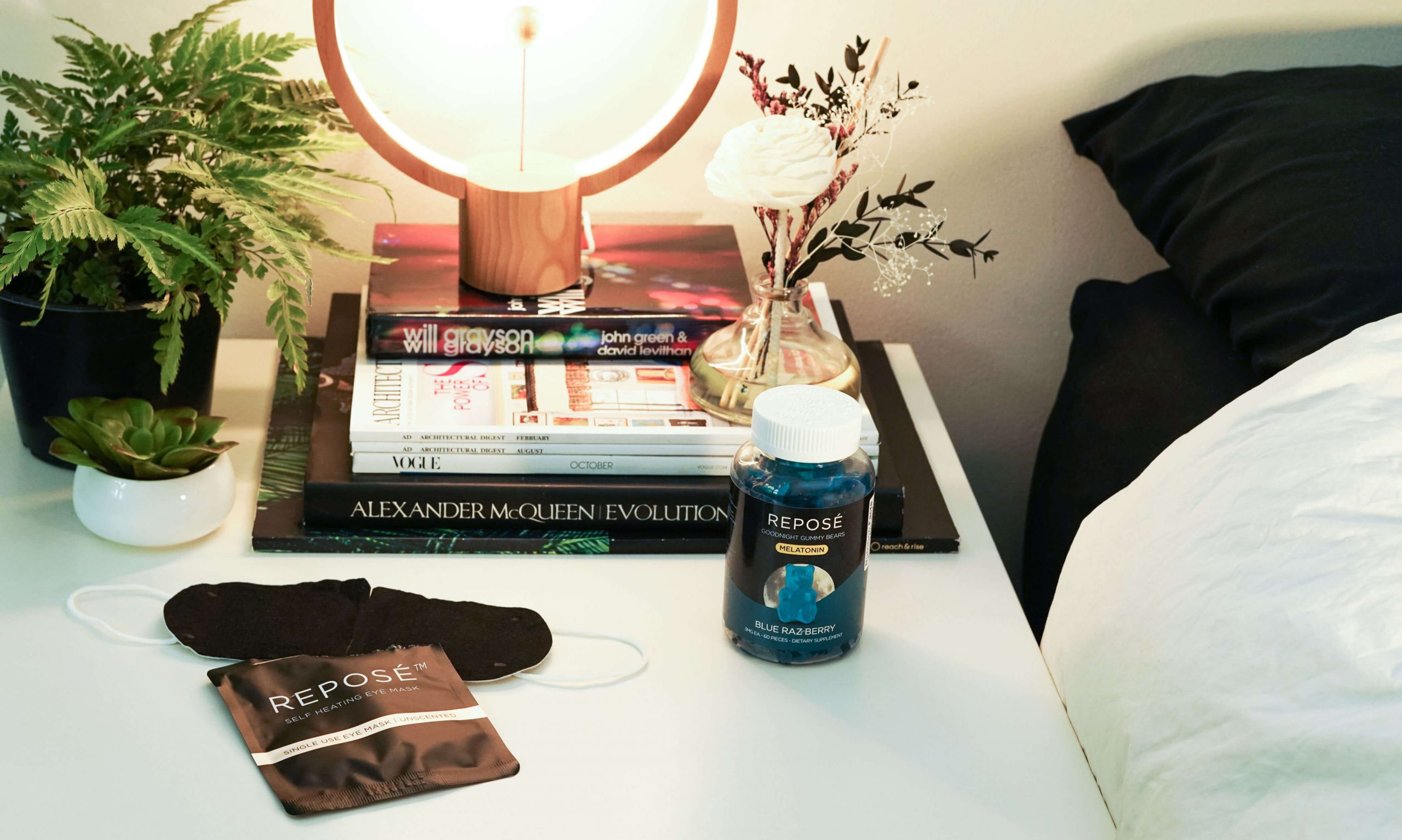 desk with eye mask heated