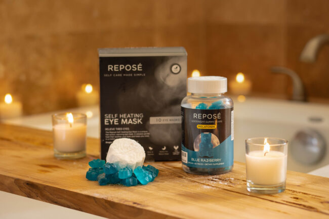 eye-mask-for-eye-fatigue Blue gummy bears and eye mask on wooden table